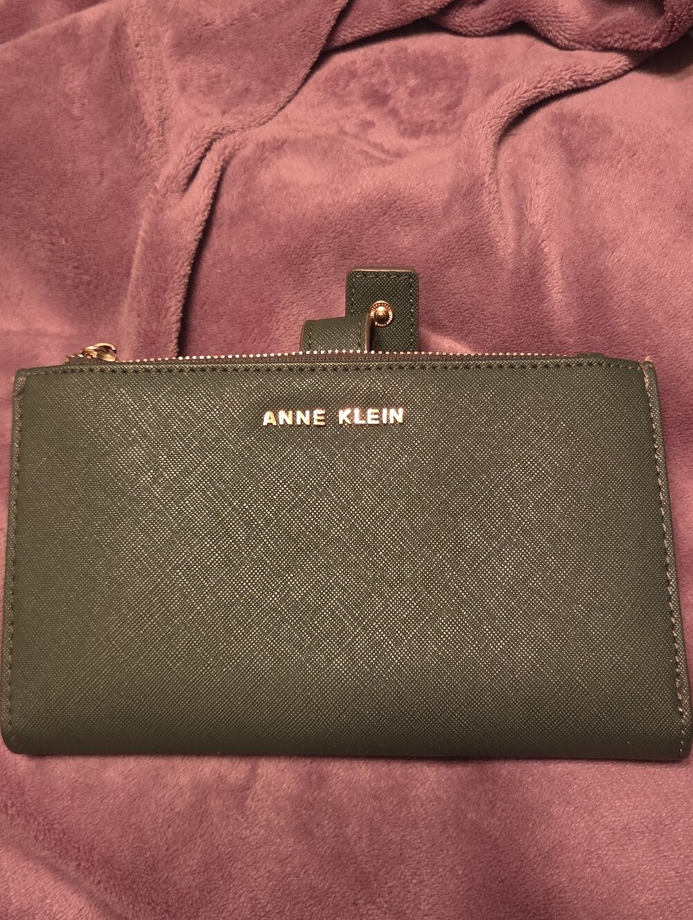 Anne Klein Hunter Green Saffiano Zip Wallet with Gold Logo